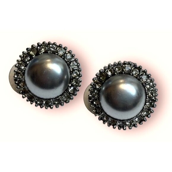 St. John  Vintage Gray Faux Pearl Crystal Rhinestone Clip on Earrings GORGEOUS!! - Picture 1 of 7